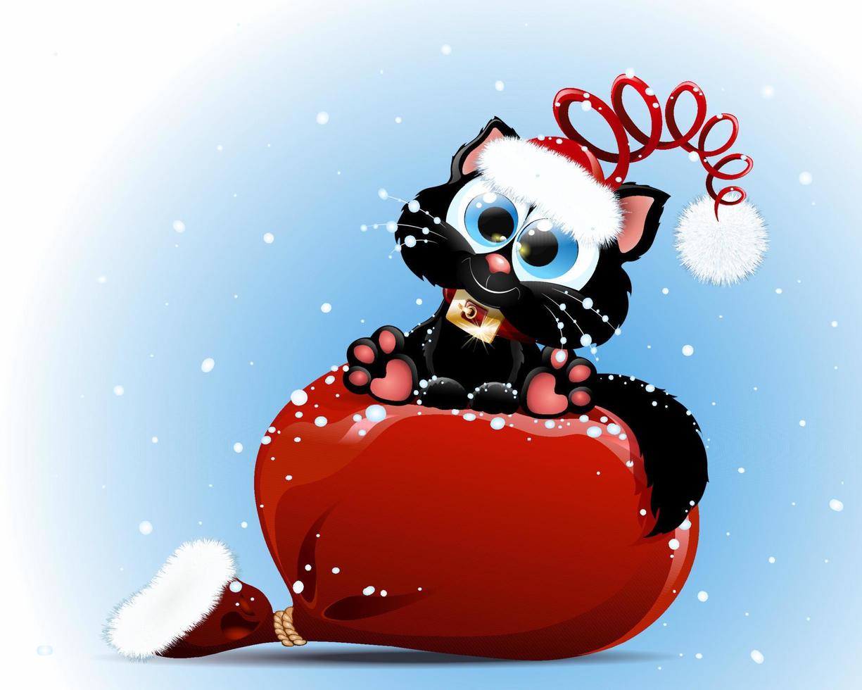 Funny cute black cat in Santa Claus costume sitting on the Santa bag under snowfall. Christmas concept. vector