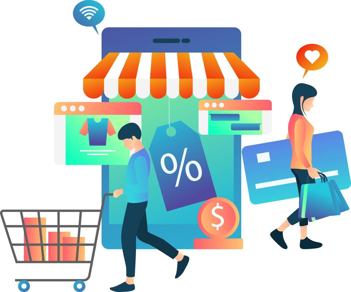 Illustration of shopping in an online store looking for discounts Suitable for landing page, flyers, Infographics, And Other Graphic Related Assets-vector vector