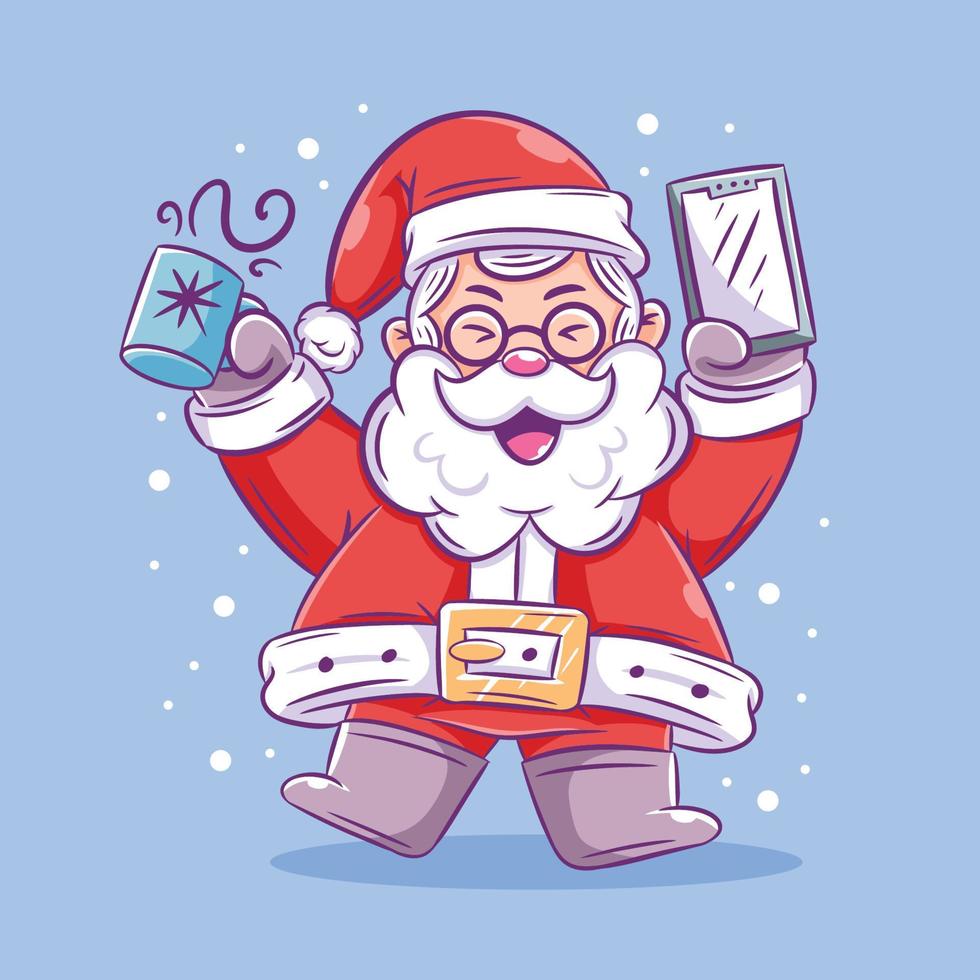 Santa is holding coffee cup and smartphone cartoon vector