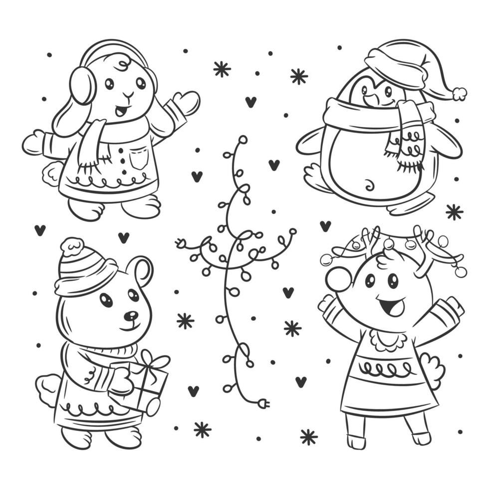Christmas animal set of hand drawn coloring vector