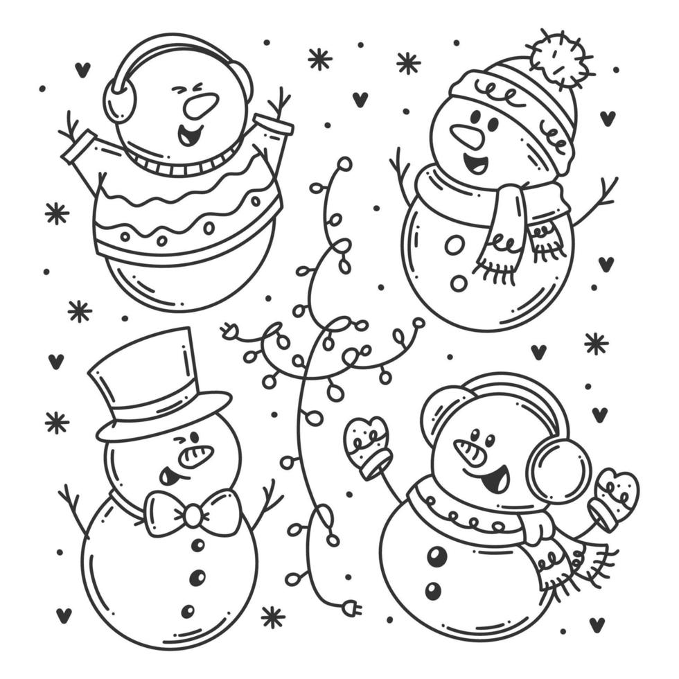 Snowman set of hand drawn coloring vector