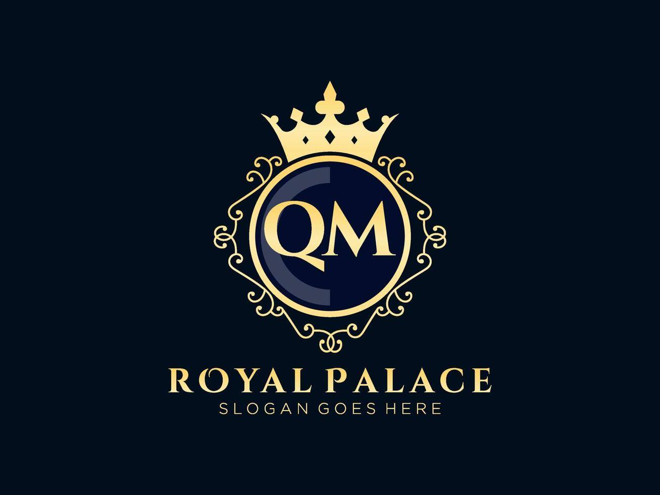 Letter QM Antique royal luxury victorian logo with ornamental frame. vector