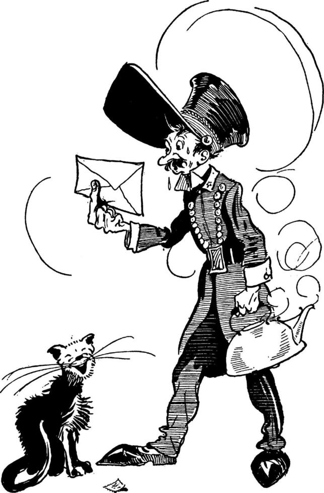 Cartoon of Man, Cat and Tea Kettle, vintage illustration. vector