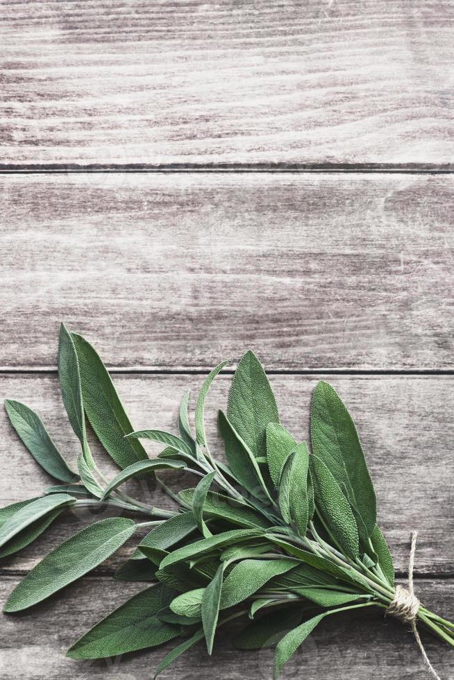 Green sage bunch on wooden table, vertical flatlay, copy space photo