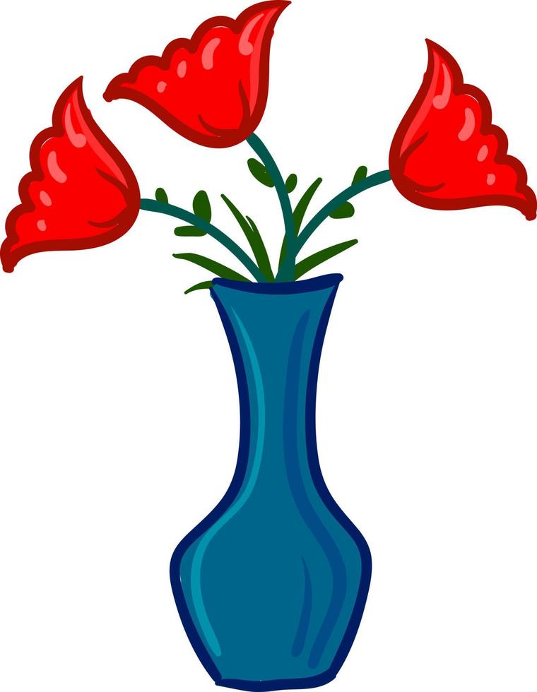 Flores rojas en un jarrón, ilustración, vector sobre fondo blanco.