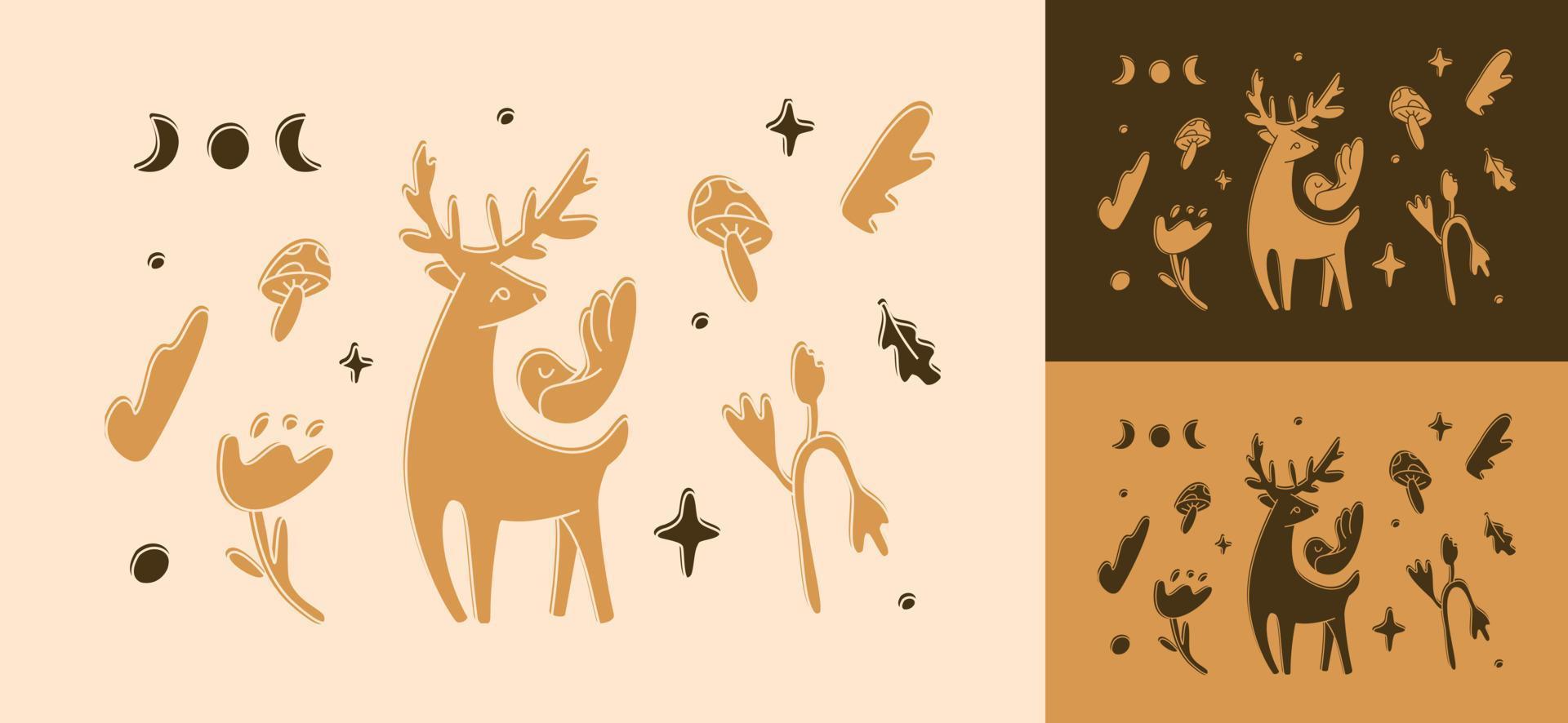 Magic linocut wild deer clipart set vector