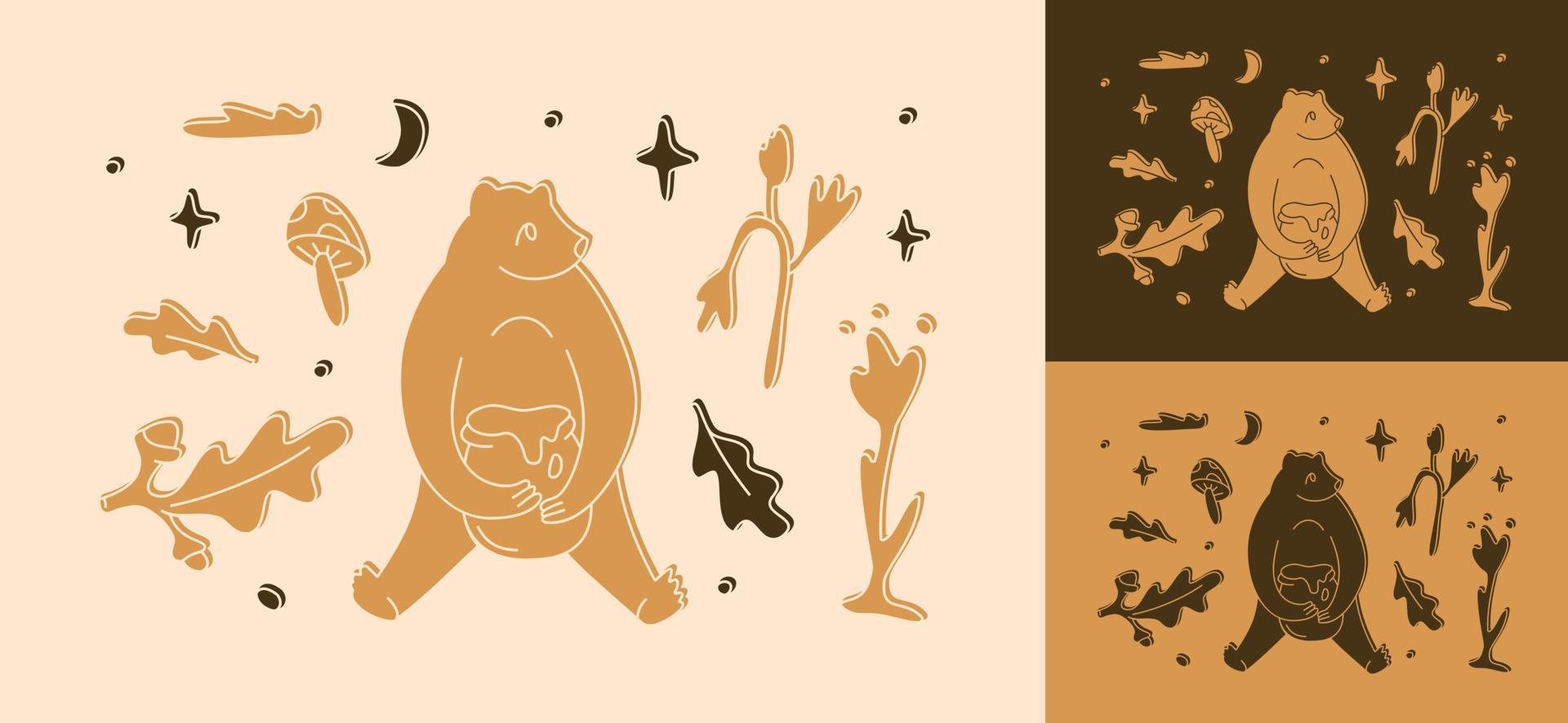 conjunto de imágenes prediseñadas de oso salvaje de linograbado mágico vector