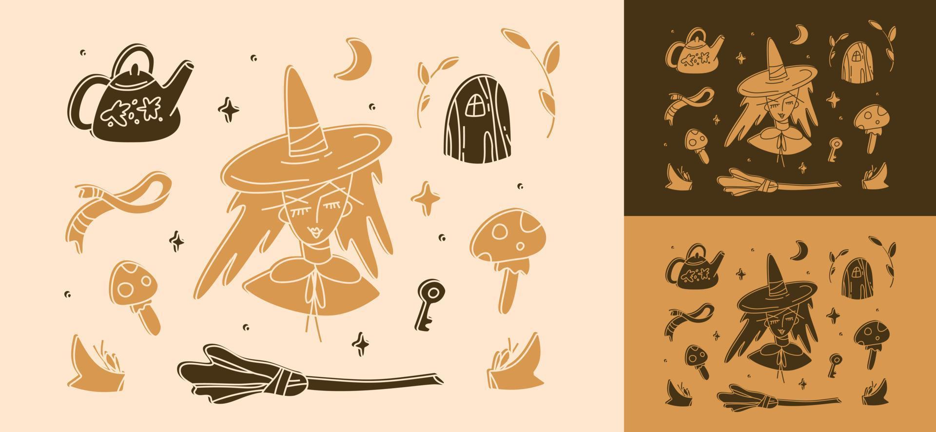 Magic linocut witchcraft clipart set vector