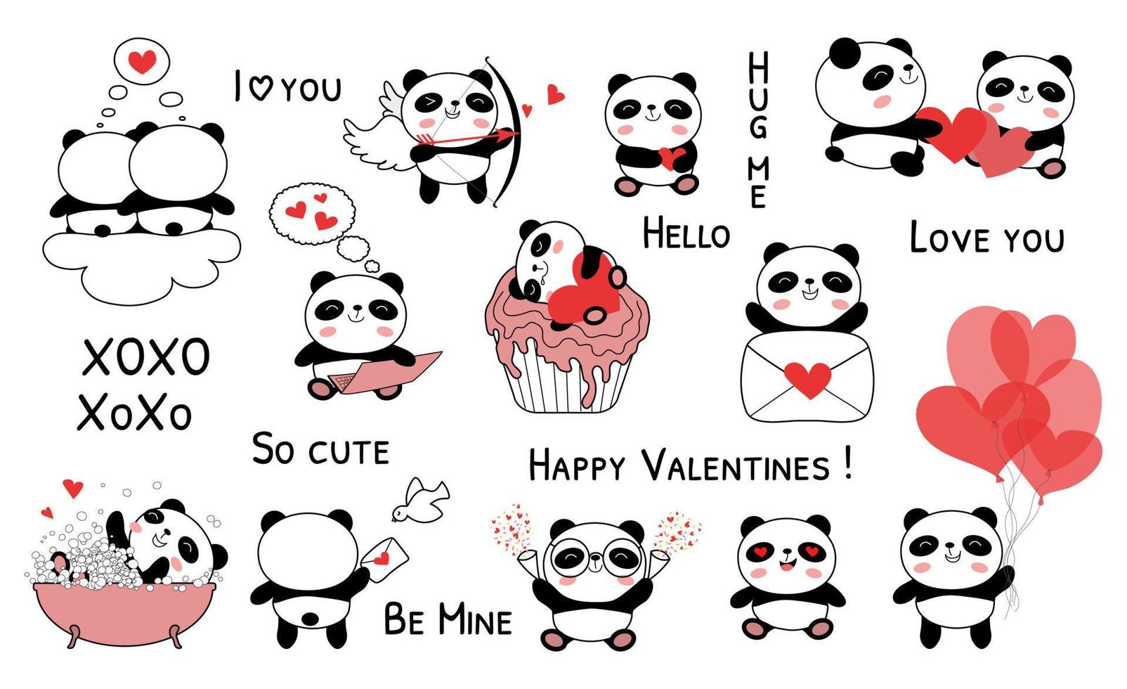 bebé panda día de san valentín conjunto ilustración vectorial vector