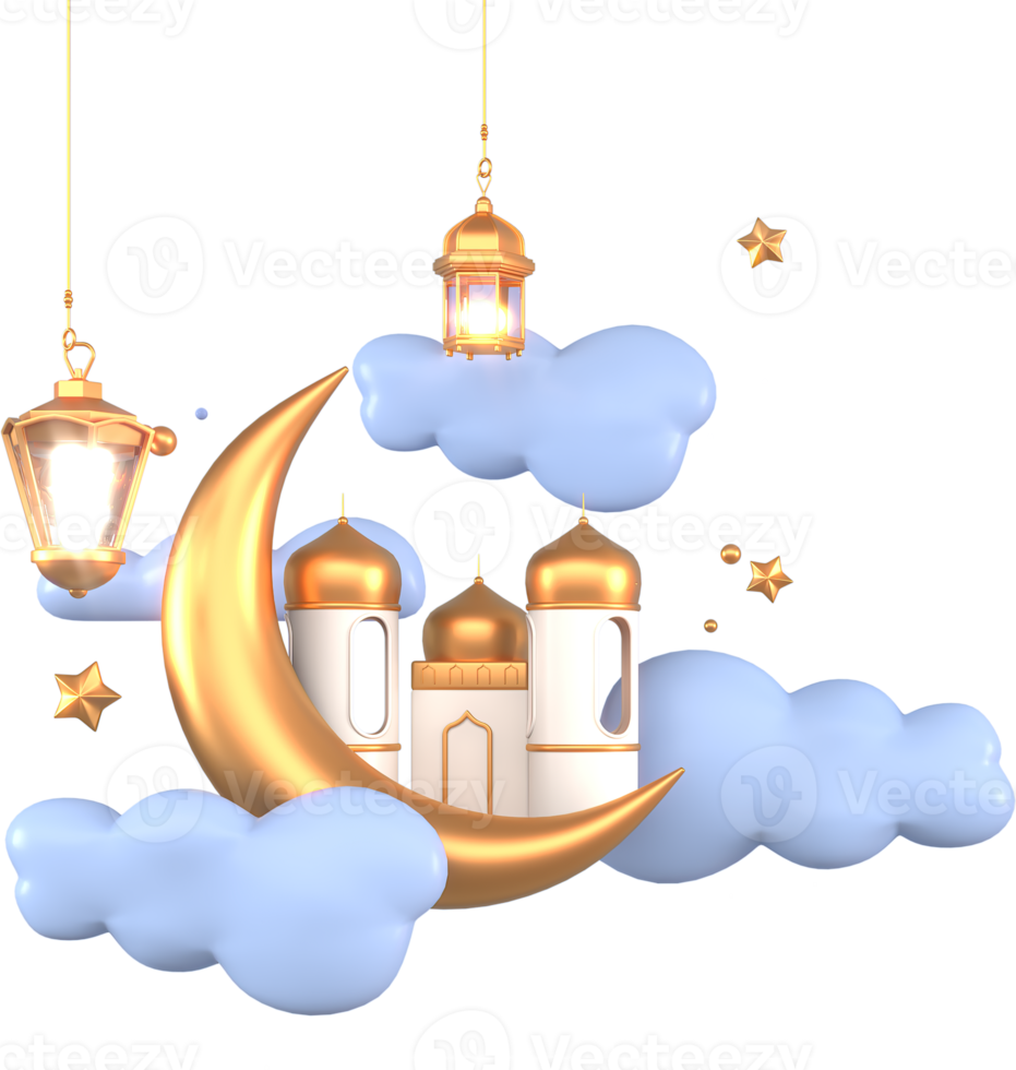 Ramadan Kareem Greeting elements background Islamic with decorative mosque , crescent moon ,   star and cloud . png