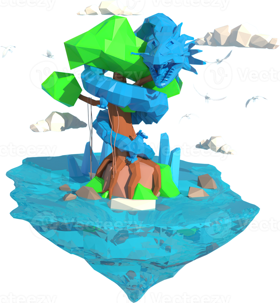 een draak verpakt in de omgeving van een boom. 3d renderen van een laag veelhoek model- png