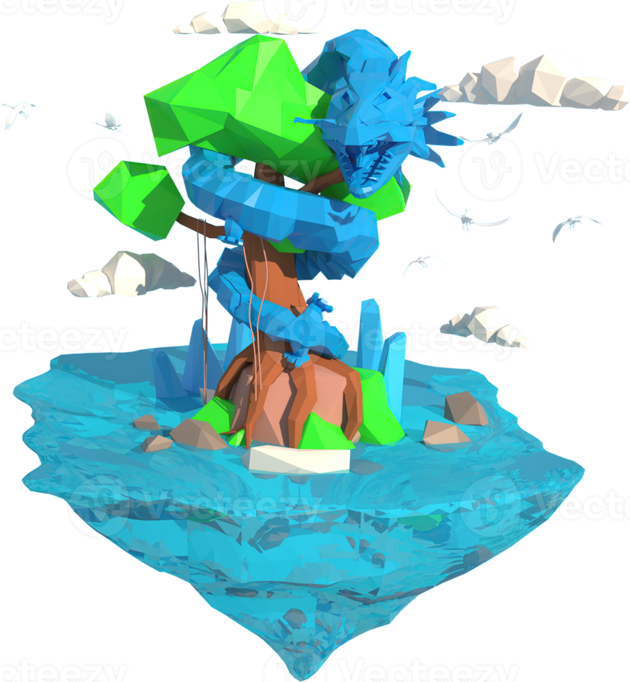 A dragon wrapped around a tree. 3D rendering of a low polygon model png