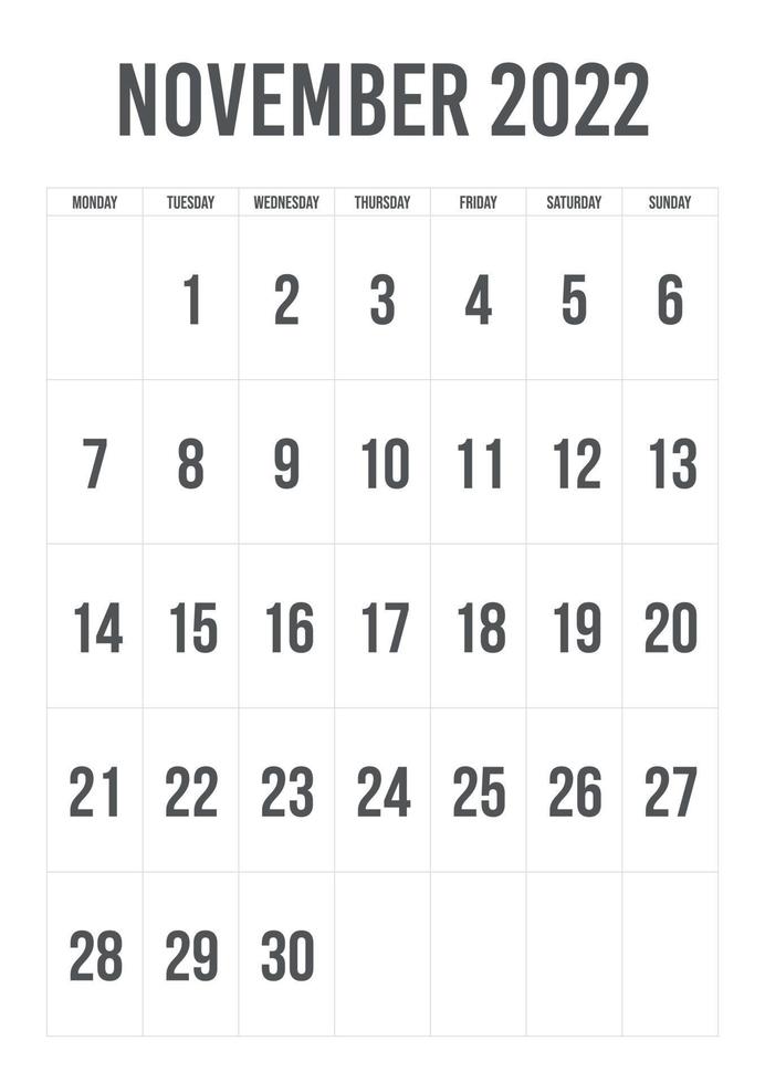 November 2022 calendar portrait design start monday vector