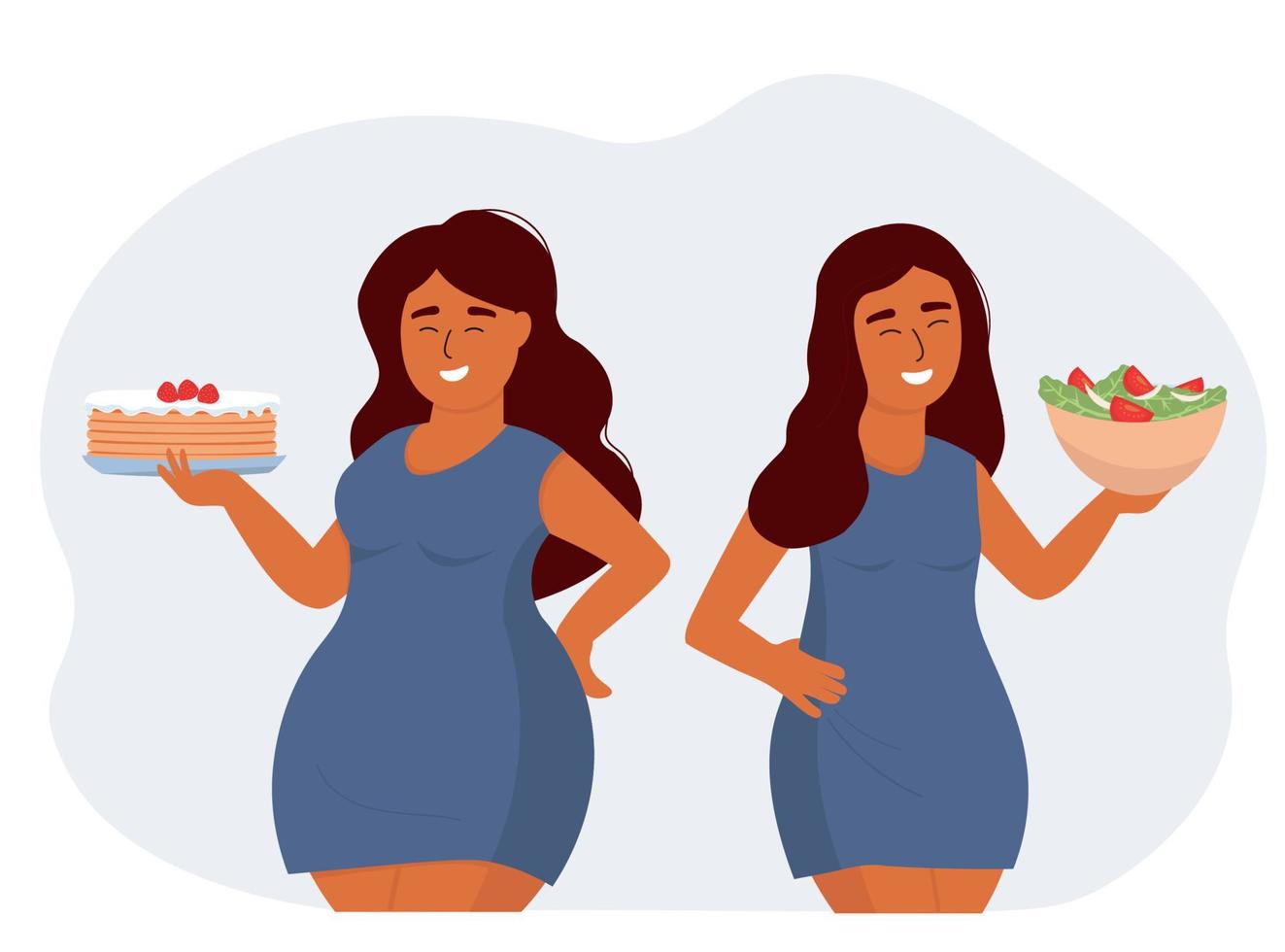 A fat woman with a cake, thin with a vegetable salad. The concept of weight loss, proper nutrition, diet. Vector graphics.