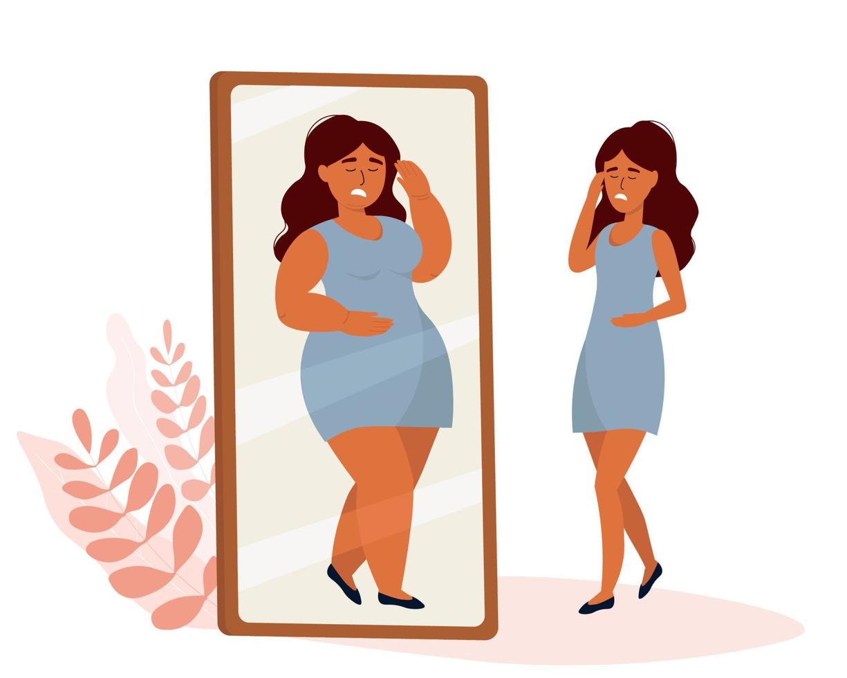 una chica delgada se mira en el espejo y se ve gorda. el concepto de trastornos alimentarios, anorexia, bulimia. una mujer quiere perder peso. gráficos vectoriales vector