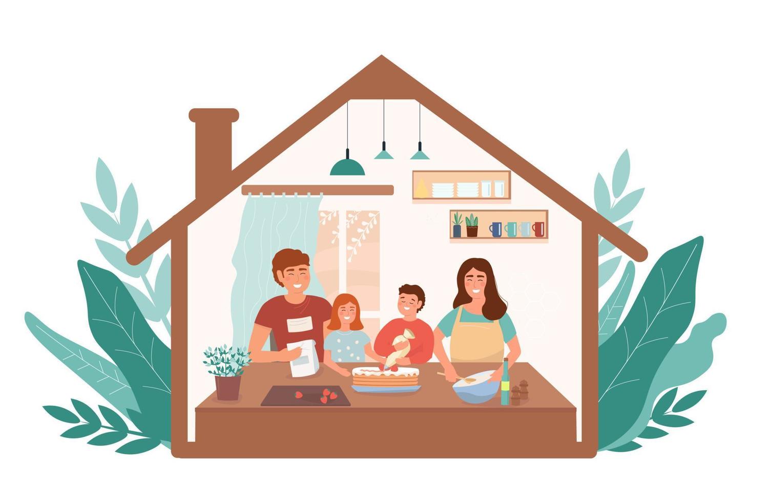 A happy family cooks a cake in the kitchen. Mom, Dad, kids spend time together. Vector graphics.