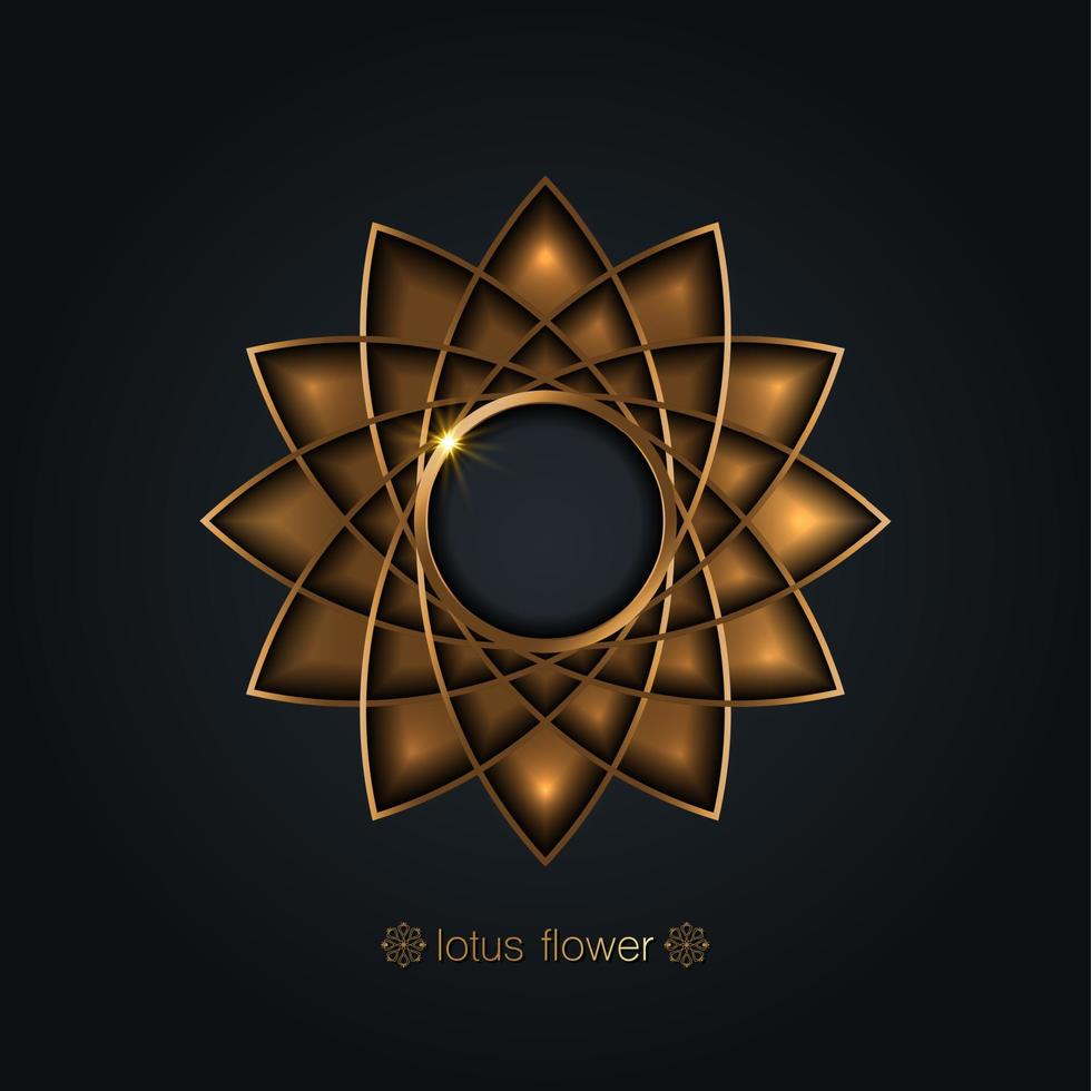 flor de loto dorado, mandala de geometría sagrada, adorno circular estilizado, logotipo floral de arte de línea dorada. símbolos de flor de yoga, spa, salón de belleza, cosméticos, relajación, estilo de marca. vector aislado