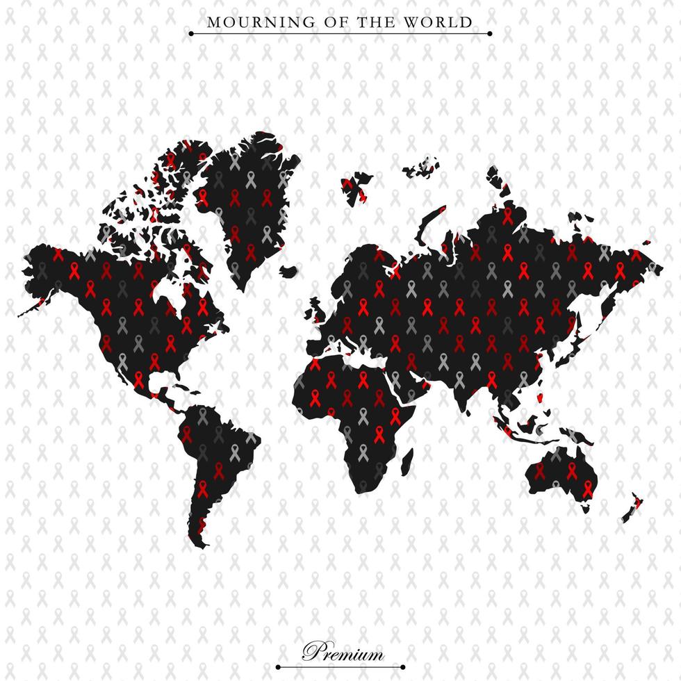 Black awareness ribbon pattern on white background. World map with inner ribbon colorful. Mourning sign icons. illustration of vector graphic of ribbon as background. Vector eps 10