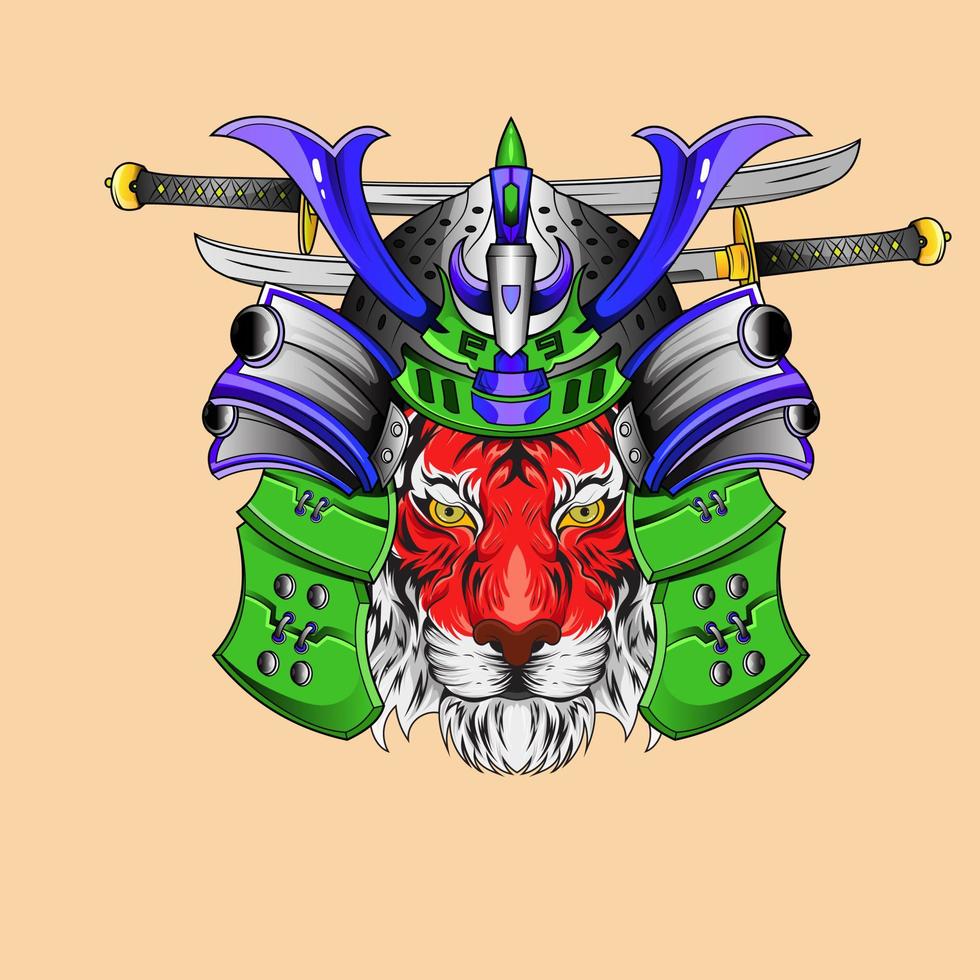 ilustración de arte de cabeza de caballero de tigre samurai japonés y diseño de camiseta casco de tigre samurai inspirado en el estilo de dibujo japonés vector