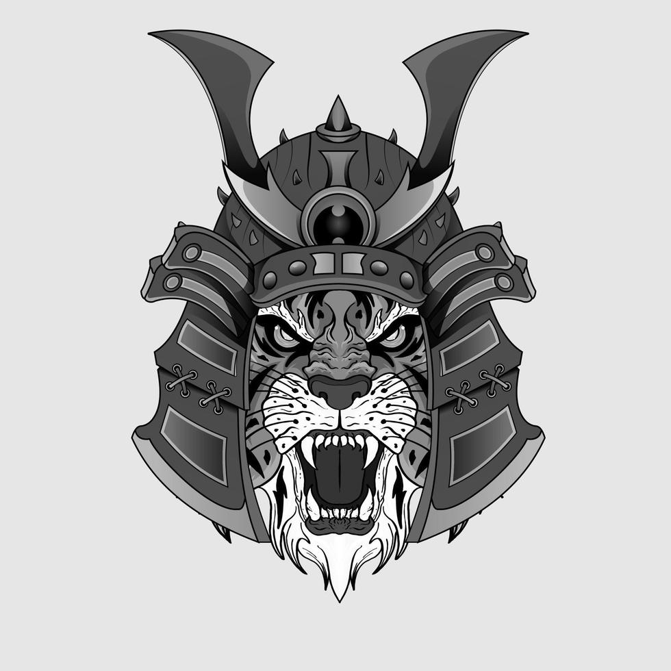 dibujado a mano diseño japonés samurai tigre casco caballero cabeza ilustraciones en blanco y negro vector