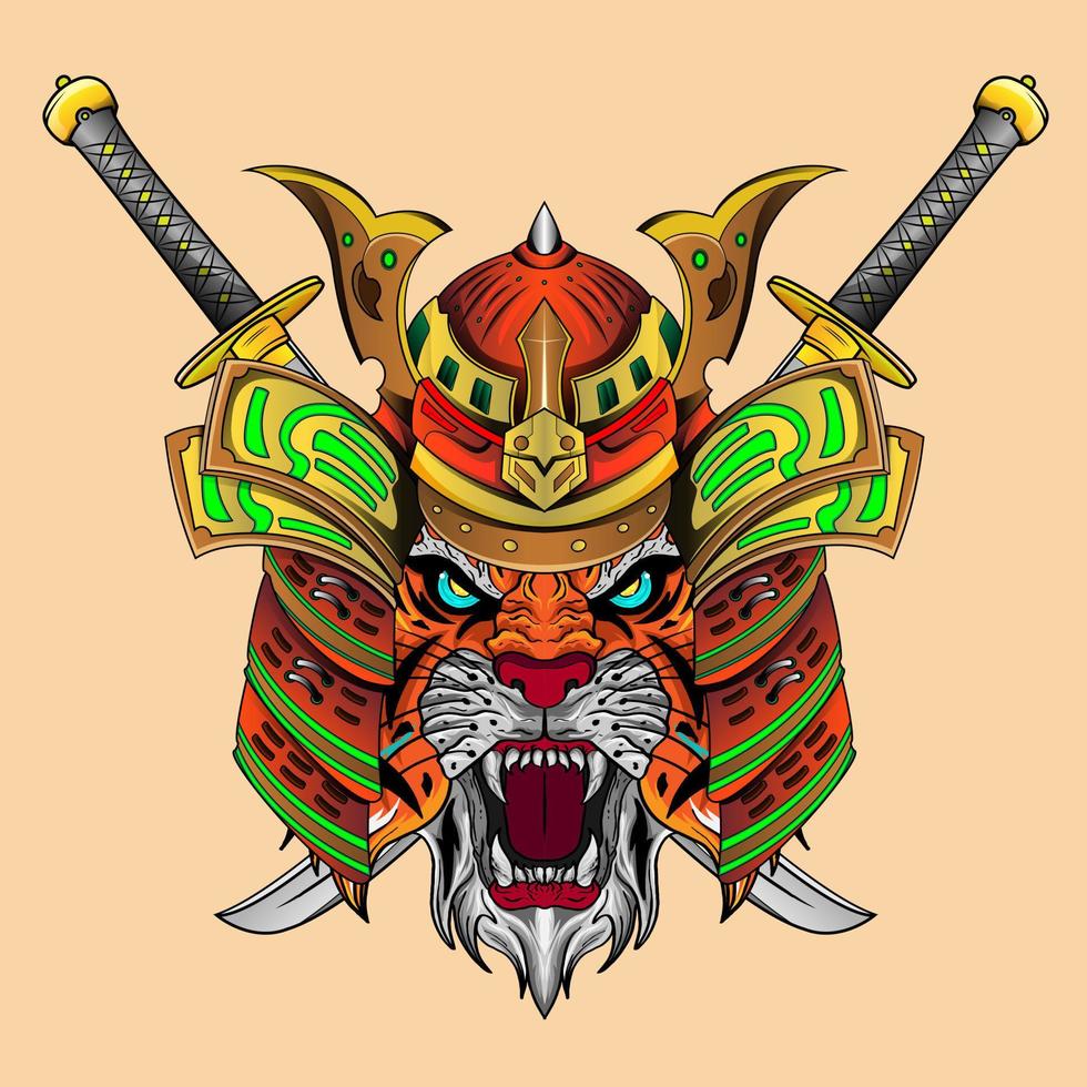 Japanase samurai tiger knight head artwork illustration and t shirt design samurai tiger helmet inspired by japanese drawing style vector