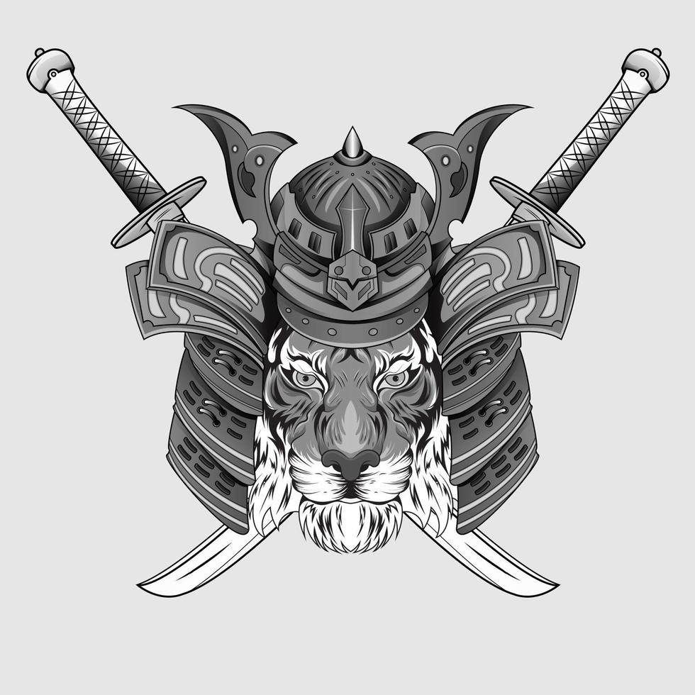 Hand drawn Japanase design samurai tiger helmet knight head artwork black and white vector