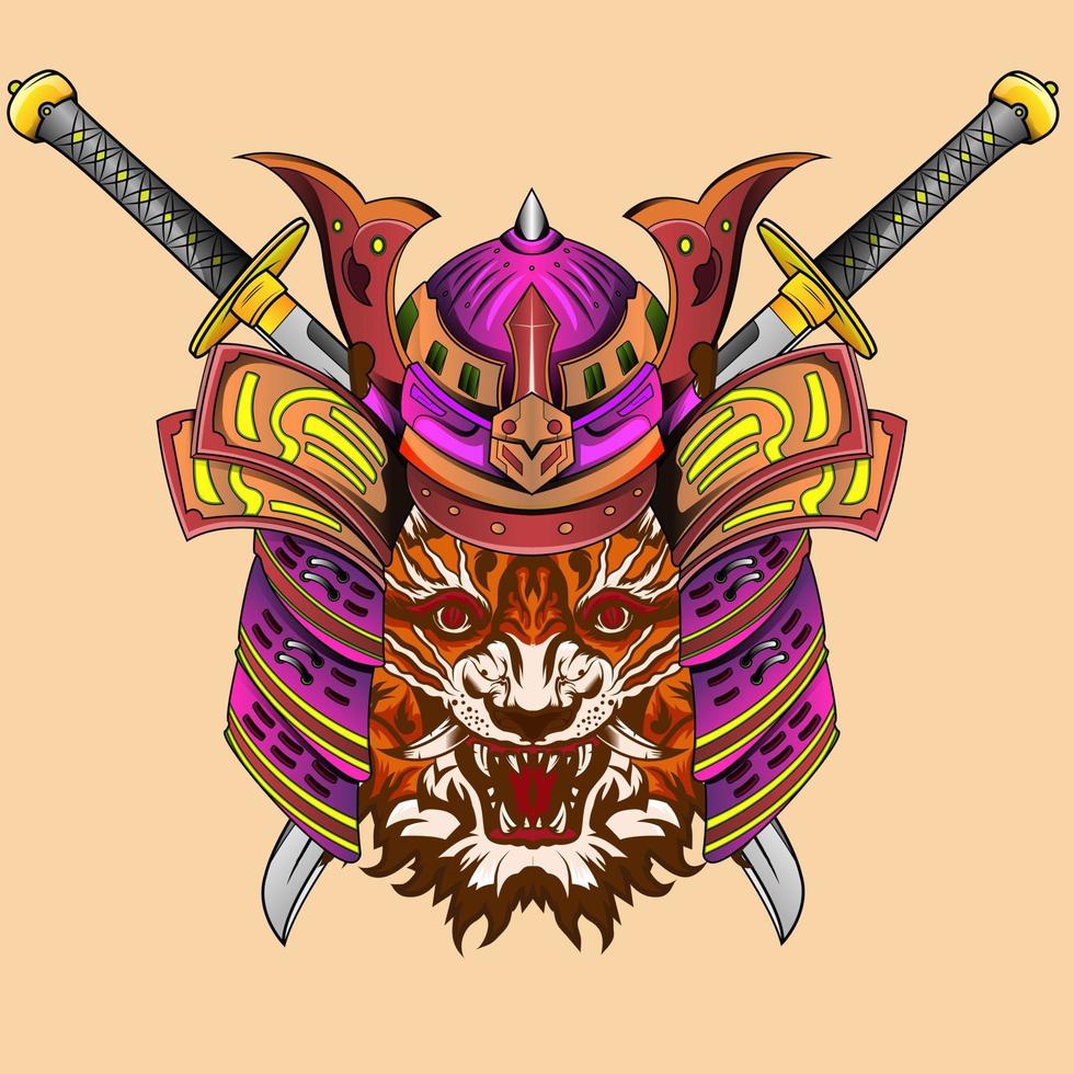 Japanase samurai tiger knight head artwork illustration and t shirt design samurai tiger helmet inspired by japanese drawing style vector