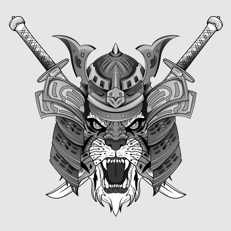 dibujado a mano diseño japonés samurai tigre casco caballero cabeza ilustraciones en blanco y negro vector