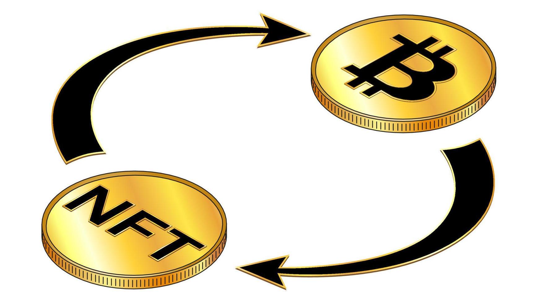 concepto isométrico de circulación nft y bitcoin con símbolos negros en monedas de oro y flechas cíclicas aisladas en blanco. elemento de diseño vectorial. vector