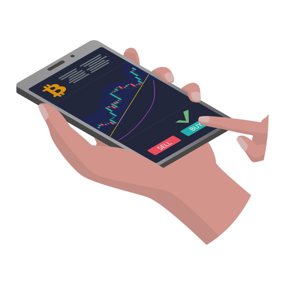 Isometric smartphone in hand with a chart of bitcoin that goes up isolated on white. The finger presses the buy button. The phone case is gray. Template for application or web site. Vector EPS 10.