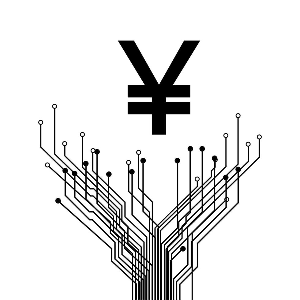 Yuan CNY digital coin symbol over PCB branching tracks isolated on white. China currency icon. Vector illustration.