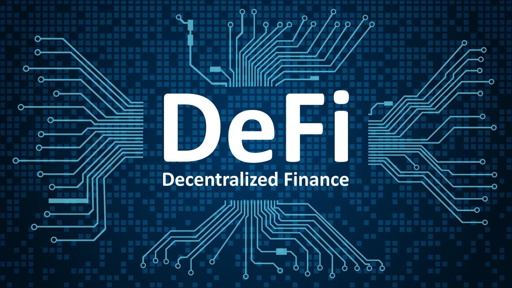 Defi - decentralized finance, white text on blue background with printed circuit board.An ecosystem of financial applications and services based on public blockchains.  Vector EPS 10.