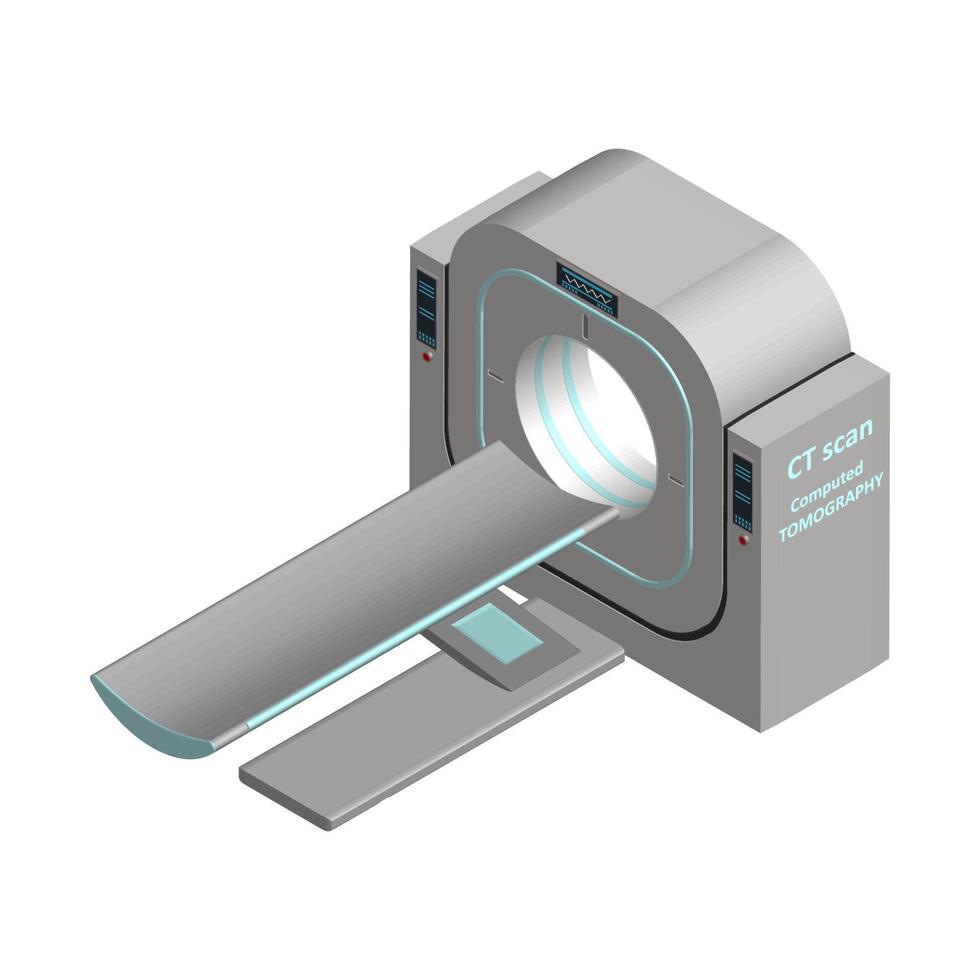 Isometric computer tomograph isolated on white background. MRI CT scan. Magnetic resonance imaging for detecting internal damage. Diagnosis of cancerous tumors and brain damage. Right top view. vector