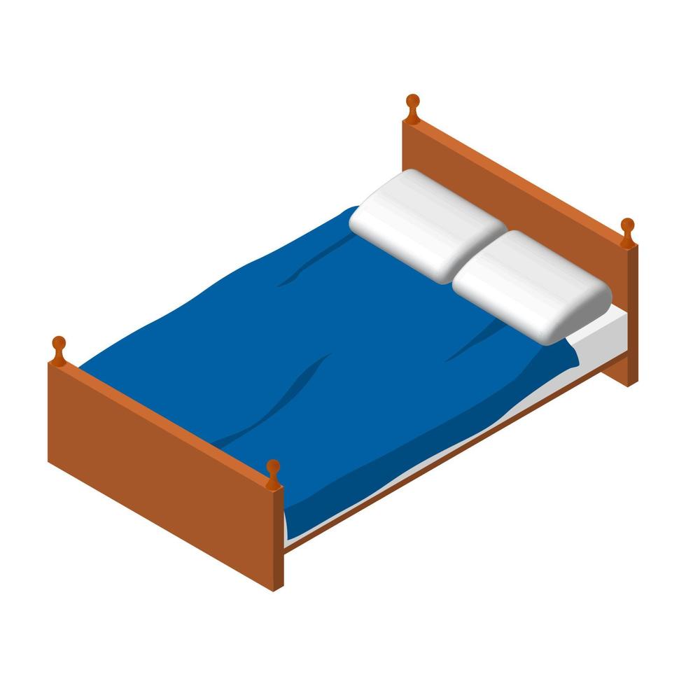 cama doble isométrica. cama de madera marrón, colchón y almohada blancos. manta azul muebles de dormitorio eps10 vectoriales. vector
