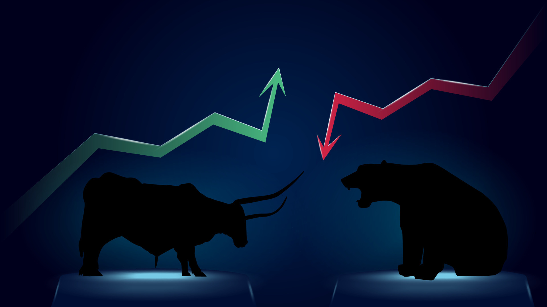 Bullish trend versus bearish trend with green up and red down arrows on dark blue background. Bull and bear on pedestals opposite each other. Vector illustration. 13796558 Vector Art at Vecteezy Bullish trend versus bearish trend with green up and red down arrows on dark blue background. Bull and bear on pedestals opposite each other. Vector illustration. 13796558 Vector Art at Vecteezy
