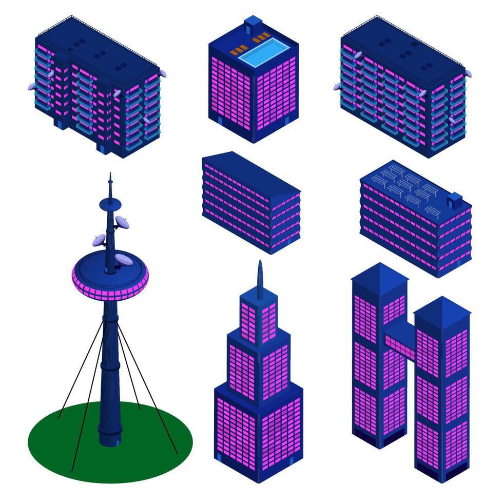 Set of isometric detailed buildings in modern palette isolated on white. TV tower, skyscrapers and residential buildings. Vector EPS10.