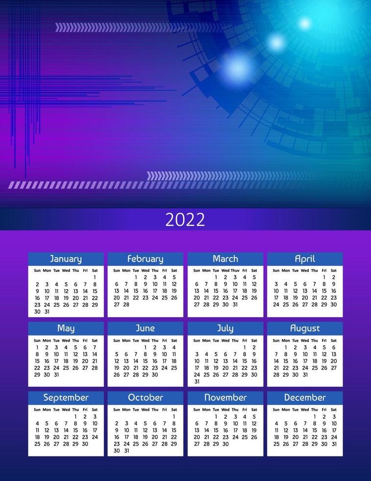 calendario anual futurista vertical 2022 tema digital abstracto, la semana comienza el domingo. calendario anual de pared grande colorida ilustración moderna en azul. tamaño de papel carta a4 us. vector