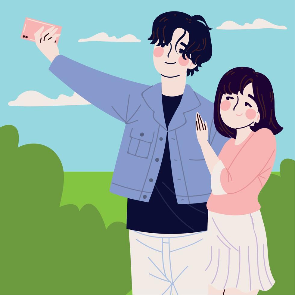 Korean couple taking selfie 13796588 Vector Art at Vecteezy