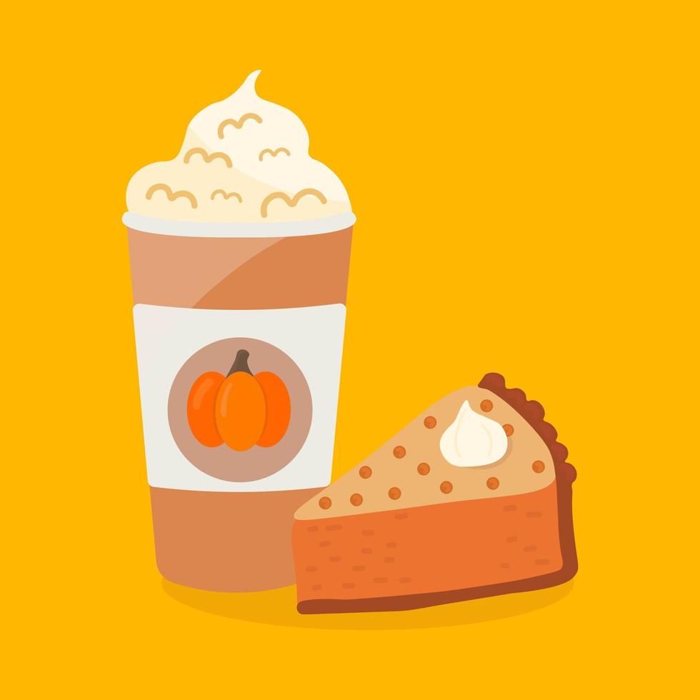 Pumpkin spice latte coffee cup with sweet slice pie.  Seasonal hot drink isolated on yellow background.  Illustration for autumn menu or greeting cards. vector