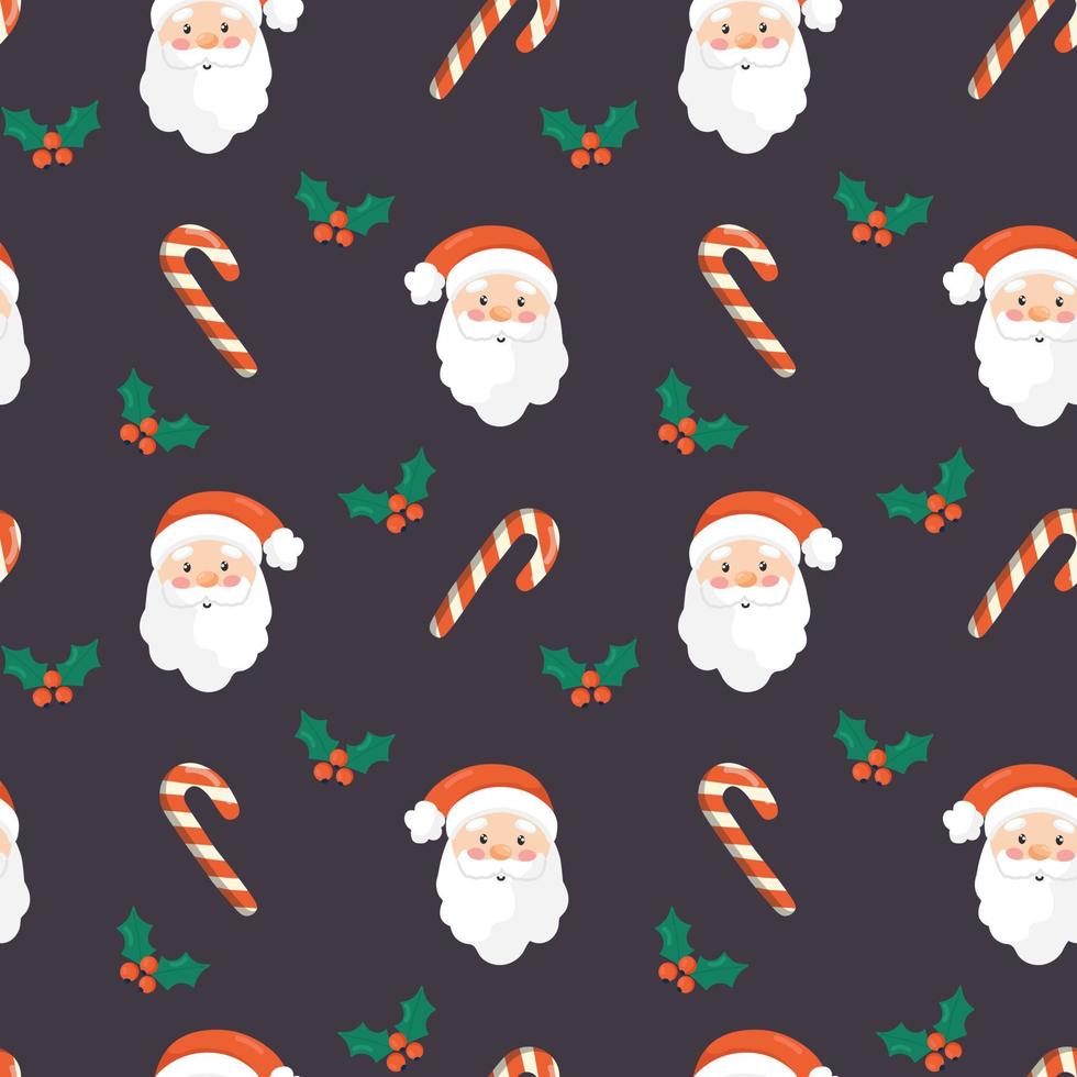 Seamless christmas pattern. Background with with santa claus head, mistletoe and candies . Perfect for wrapping paper, greeting cards, textile print. vector
