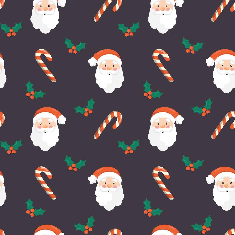 Seamless christmas pattern. Background with with santa claus head, mistletoe and candies . Perfect for wrapping paper, greeting cards, textile print. vector