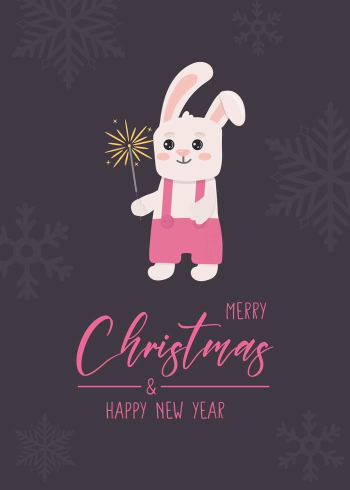 tarjeta de navidad con lindo conejito sosteniendo una bengala ardiente. texto de saludo feliz navidad y feliz año nuevo. hermosa ilustración para tarjetas de felicitación, carteles y diseño de temporada. vector