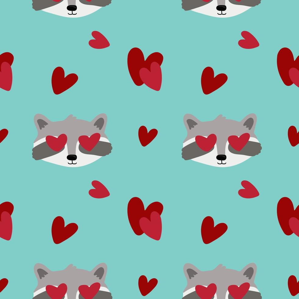 Seamless pattern with raccoons, hearts. Background for wrapping paper, textile, posters, cards. Happy Valentine's day. vector