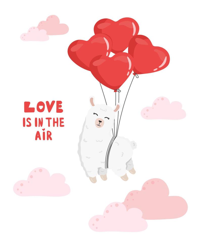 Cute alpaca on the balloons. Happy Valentine's day greeting card. Love is in the air. vector