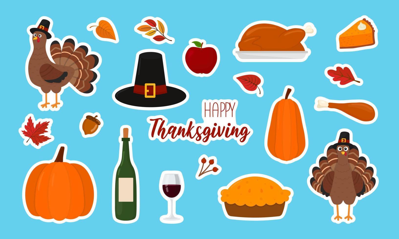Stickers set with turkeys and holiday symbols on a blue background.  Great for greeting cards, design and more. Happy Thanksgiving. vector