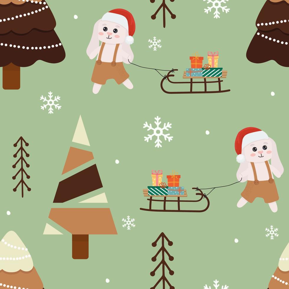 Seamless pattern with bunny and Christmas tree on green background. Perfect for wrapping paper, greeting cards, textile print. vector