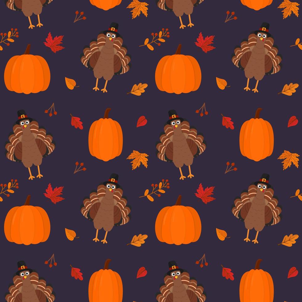 Seamless vector pattern with turkey and pumpkins. Texture for fabric, wallpaper, apparel, wrapping. Happy Thanksgiving.