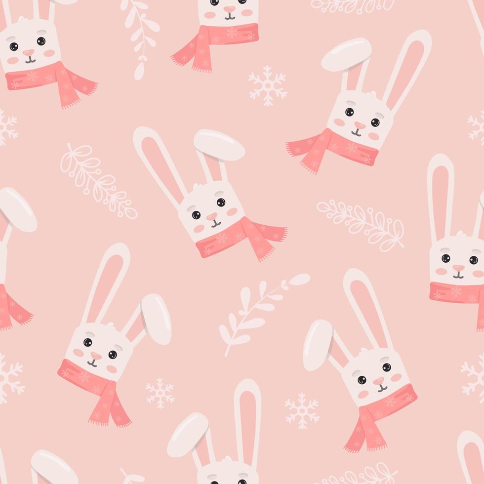 Winter seamless pattern with bunny in scarf. Perfect for wrapping paper, greeting cards and seasonal design. vector