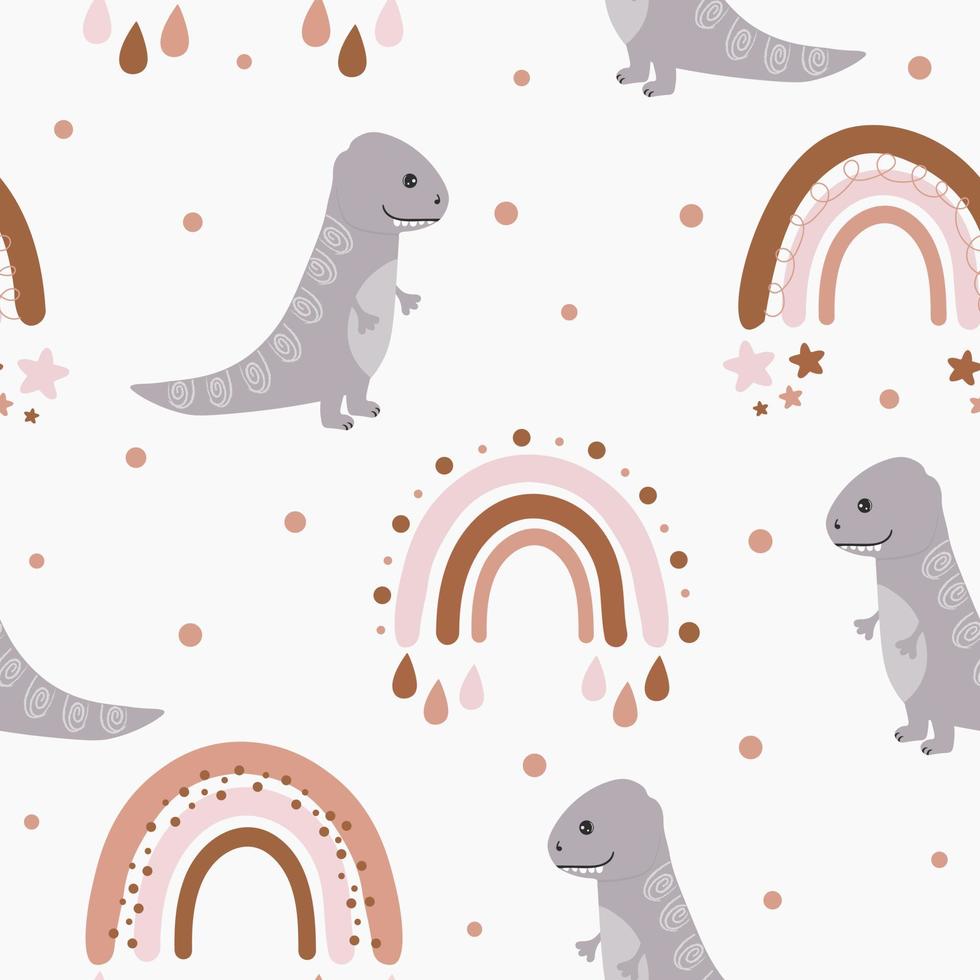 Seamless vector pattern with dinosaur and rainbows. Baby background for wrapping paper,  greeting cards, design.