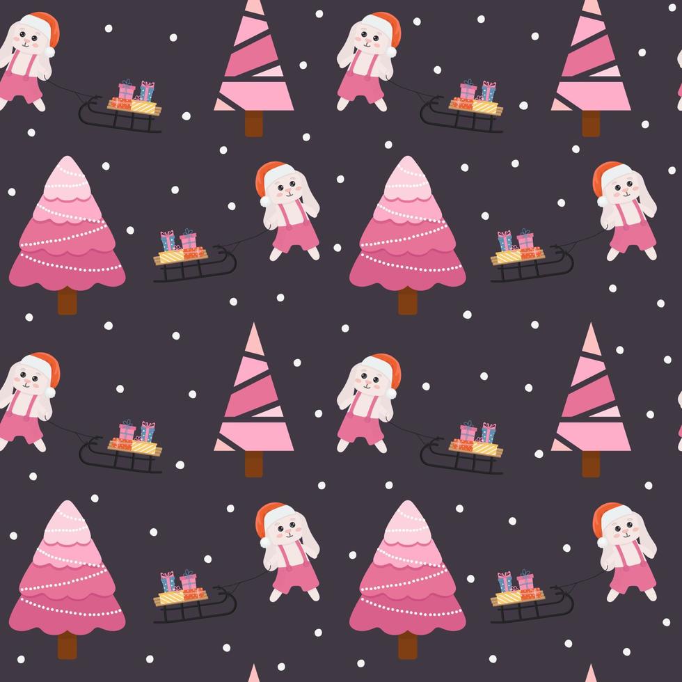Seamless pattern with bunny and Christmas tree. Perfect for wrapping paper, greeting cards, textile print. vector